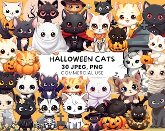 Gatos de Halloween / 30 lindos gráficos de Halloween / Gatos vampiro / Gatos momia / Gatos esqueleto - PNG, JPEG, pegatinas kawaii imprimibles