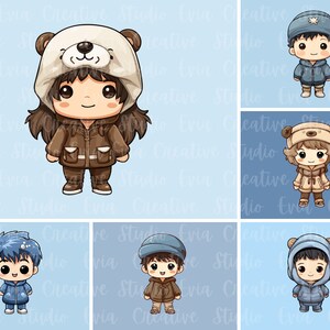 May include: Four cartoon characters wearing winter clothing. The characters are wearing a brown bear hat, a blue hat with a star, a brown bear hat, and a blue hat with a bear face.