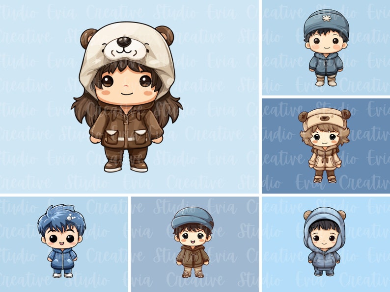 May include: Four cartoon characters wearing winter clothing. The characters are wearing a brown bear hat, a blue hat with a star, a brown bear hat, and a blue hat with a bear face.