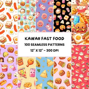 Modèles de restauration rapide kawaii | 100 modèles de nourriture mignons sans couture | Motifs de conception kawaii | Papier numérique | Répéter le fichier de signatures | Emballage cadeau