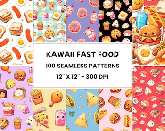 Wzory Kawaii Fast Food | 100 bezszwowych, uroczych wzorów jedzenia | Wzory Kawaii Design | Papier cyfrowy | Plik z powtarzalnym wzorem | Pakowanie prezentów
