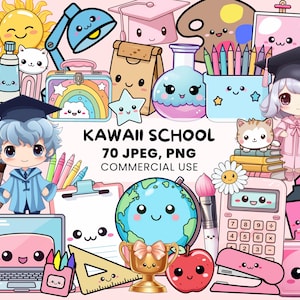 Kawaii School Clipart | 70 Cute School PNG and JPEG | Back To School - classroom decorations, learning worksheet - commercial use