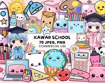 Kawaii School Clipart | 70 uroczych szkolnych obrazków PNG i JPEG | Powrót do szkoły - dekoracje klasowe, arkusze edukacyjne - do użytku komercyjnego