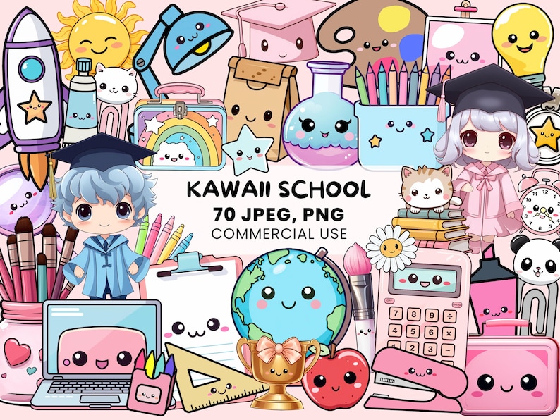 Kawaii School Clipart | 70 Cute School PNG and JPEG | Back To School - classroom decorations, learning worksheet - commercial use image 1