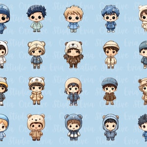 May include: A set of 20 digital illustrations featuring cute cartoon characters wearing winter clothing. The characters are wearing various hats, scarves, and coats. The background is a light blue color.
