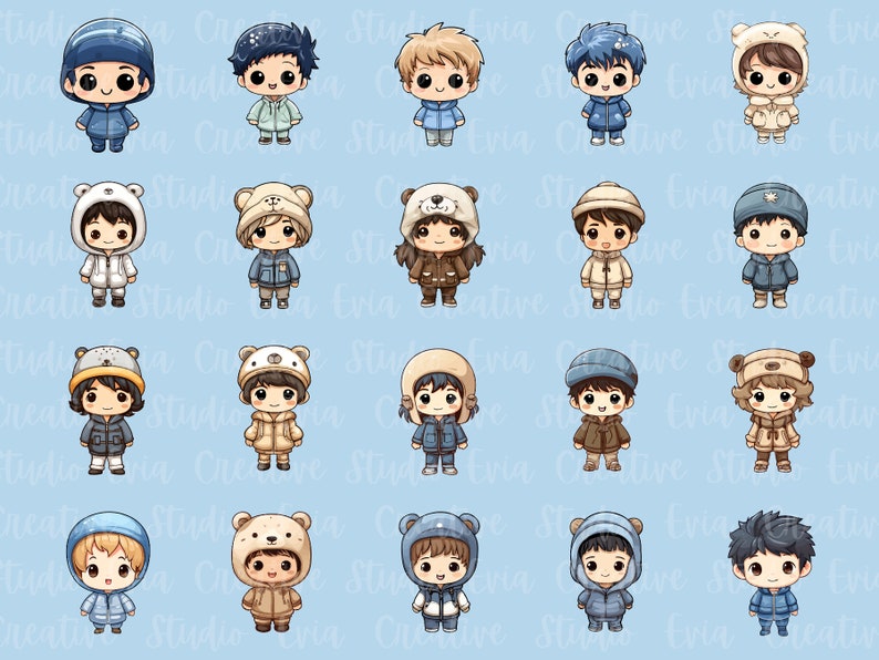 May include: A set of 20 digital illustrations featuring cute cartoon characters wearing winter clothing. The characters are wearing various hats, scarves, and coats. The background is a light blue color.