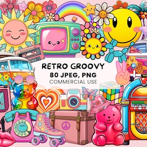 Retro Groovy Clipart | 80 Retro Hippie Graphics | Vintage Retro Graphics | PNG and JPEG for stickers - printables with commercial licence