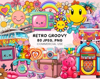 Retro Groovy Clipart | 80 Retro Hippie Graphics | Vintage Retro Graphics | PNG i JPEG do naklejek - materiały do druku z licencją komercyjną