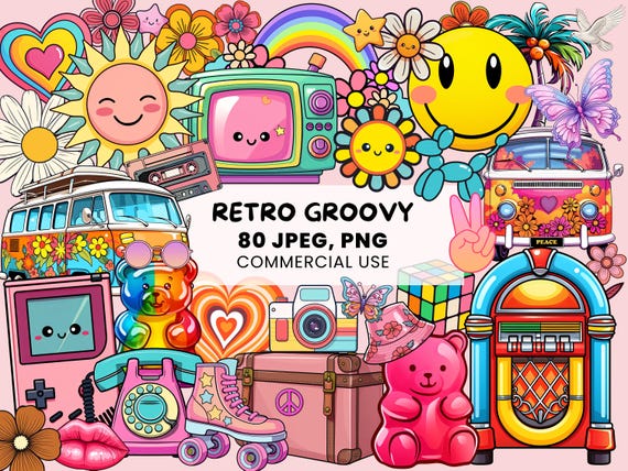 Retro Groovy Clipart | 80 Retro Hippie Graphics | Vintage Retro Graphics | PNG and JPEG for stickers - printables with commercial licence