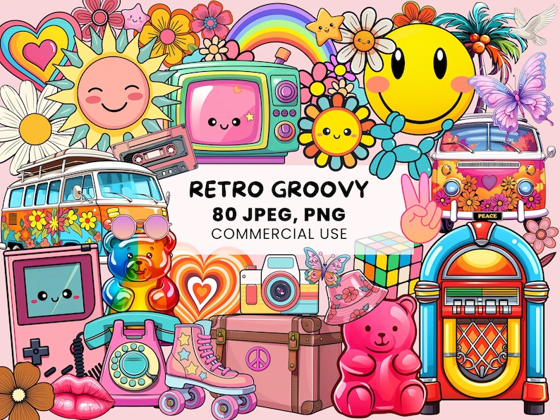 Retro hippe clipart | 80 retro hippie-graphics | Vintage retro-afbeeldingen | PNG en JPEG voor stickers - afdrukbare items met commerciële licentie afbeelding 1