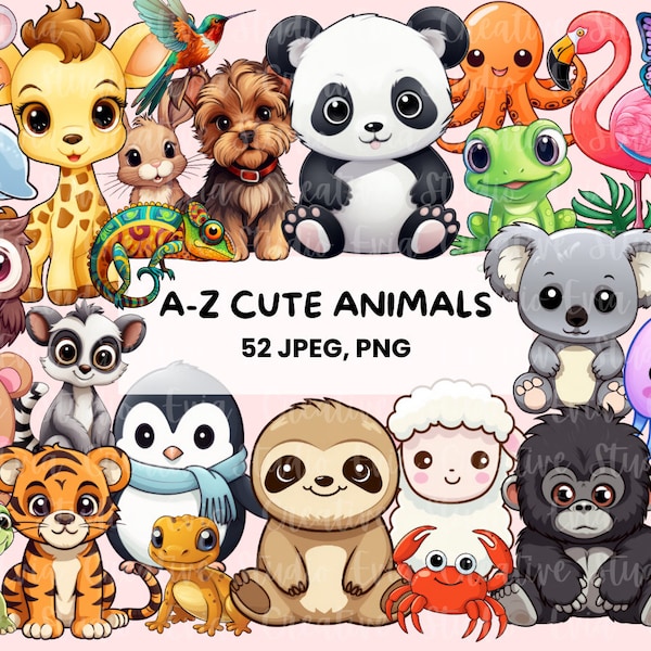 Cute Animals Clipart | A-Z Animal Graphics | Safari Animals | 52 PNG and JPEG stickers - printables