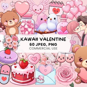 Kawaii Valentinstag Clipart | 60 süße Liebesgrafiken | Süßer Schatz Clipart - PNG, JPEG für druckbare Aufkleber - kommerzielle Nutzung