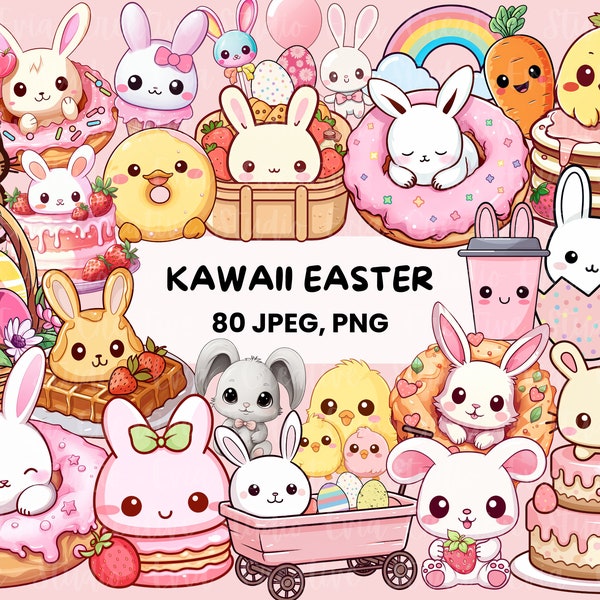 Kawaii Easter Clipart | 80 Bunny Easter Graphics | Cute Easter Eggs | Kawaii Bunny Food | kawaii printable stickers with commercial licence