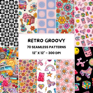 Retro Groovy Muster | 70 Hippie Muster | Retro Vibes Kawaii Muster | Boho Digitales Papier | Rapport (Wiederholungs-Muster-Datei).