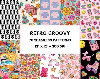 Wzory retro groovy | 70 wzorów hippie seamless | Wzory retro vibes kawaii | Papier cyfrowy boho | Plik z powtarzalnym wzorem