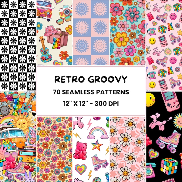 Retro Groovy Patterns | 70 Hippie Seamless Patterns | Retro Vibes Kawaii Patterns | Boho Digital Paper | Repeat Pattern File