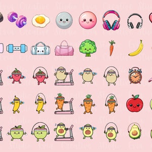 May include: A collection of cartoon illustrations on a pink background, featuring fitness and healthy eating themes. Includes dumbbells, headphones, sports bags, fruits, vegetables, and exercise equipment like treadmills and jump ropes. The illustrations have cute, smiling faces.