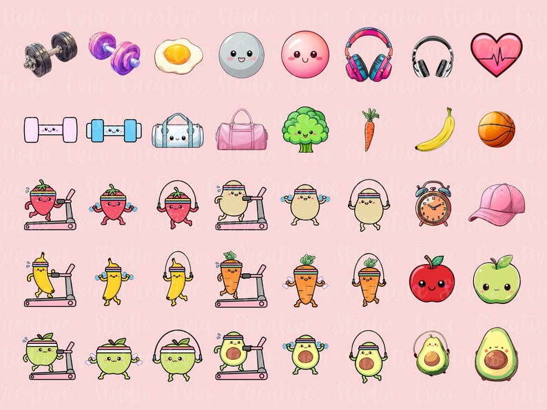 May include: A collection of cartoon illustrations on a pink background, featuring fitness and healthy eating themes. Includes dumbbells, headphones, sports bags, fruits, vegetables, and exercise equipment like treadmills and jump ropes. The illustrations have cute, smiling faces.