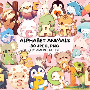 Alphabet Animals Clipart | 80 Cute Animal Graphics | Kawaii PNG Clipart Bundle | Safari Animals Clipart, Printable Stickers - Commercial Use
