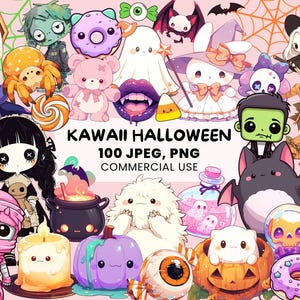 Clipart di Halloween kawaii / 100 simpatiche grafiche di Halloween / Personaggi mostruosi spaventosi / Creature anime / Dolcetti spettrali / Licenza commerciale