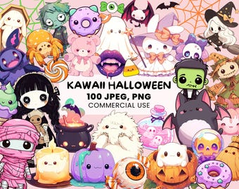 Clipart de Halloween Kawaii / 100 Gráficos Lindos de Halloween / Monstruos Aterradores / Criaturas de Anime / Delicias Espeluznantes / Licencia Comercial