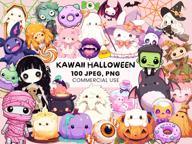 Clipart de Halloween Kawaii / 100 Gráficos Lindos de Halloween / Monstruos Aterradores / Criaturas de Anime / Delicias Espeluznantes / Licencia Comercial imagen 1