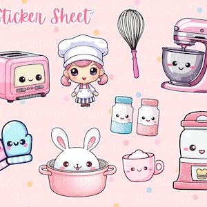 Puede incluir: Una hoja de pegatinas con un tema rosa y blanco con lindos electrodom&eacute;sticos de cocina de dibujos animados, un chef, un conejito y otros art&iacute;culos relacionados con la cocina. La hoja incluye una tostadora rosa, una batidora de pie rosa, una licuadora rosa, un batidor rosa, un gorro de chef rosa, un conejito rosa en una olla, un par de guantes de horno rosa y azul y dos saleros y pimenteros rosa y azul.