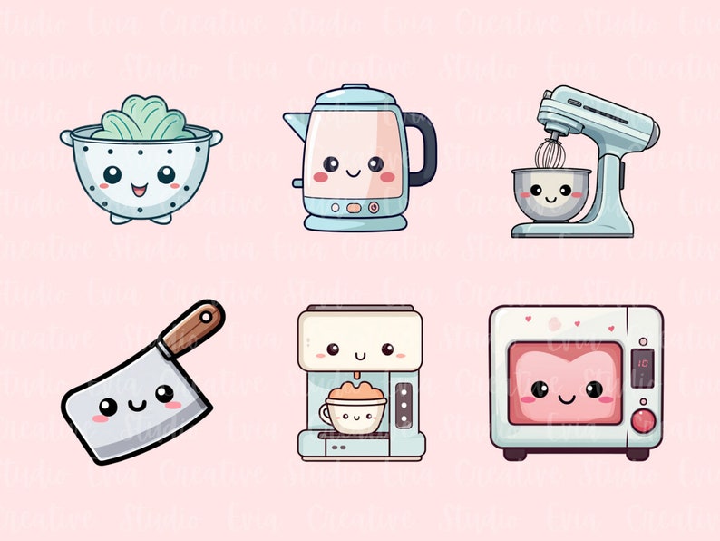 Puede incluir: Un conjunto de seis electrodom&eacute;sticos de cocina de dibujos animados con caras lindas. Los electrodom&eacute;sticos incluyen un colador, una tetera, una batidora de pie, un cuchillo de chef, una m&aacute;quina de espresso y un horno tostador.