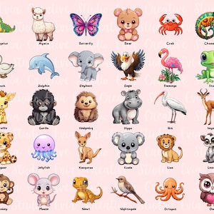 Söta djur clipart | A-Ö djurgrafik | Kawaii djur clipart | Safaridjur | 52 PNG- och JPEG-utskrivbara klistermärken bild 2