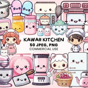 Kawaii Küche Clipart | 50 Niedliche Küchenhelfer | Koch und Back Zubehör | PNG und JPEG für druckbare Aufkleber - kommerzielle Nutzung