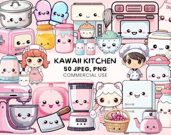 Kawaii Kitchen Clipart | 50 uroczych narzędzi kuchennych | Sprzęt do gotowania i pieczenia | PNG i JPEG do wydrukowania naklejek - do użytku komercyjnego
