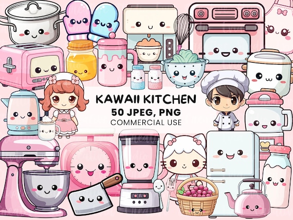 Kawaii Kitchen Clipart | 50 Cute Kitchen Tools | Cooking and Baking Equipment | PNG and JPEG for printable stickers - commercial use