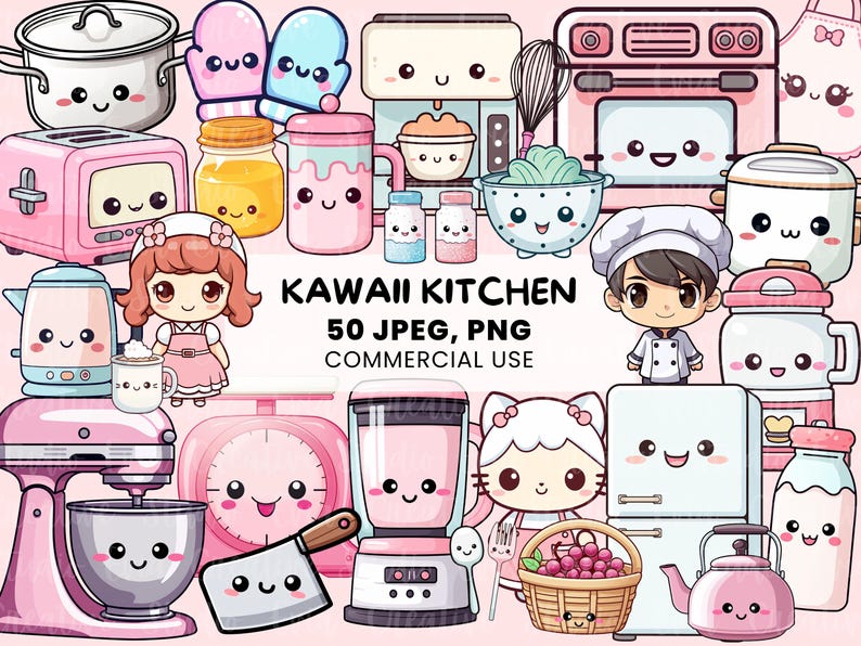 Clipart de cocina kawaii / 50 lindas herramientas de cocina / Equipos para cocinar y hornear / PNG y JPEG para calcomanías imprimibles - uso comercial imagen 1