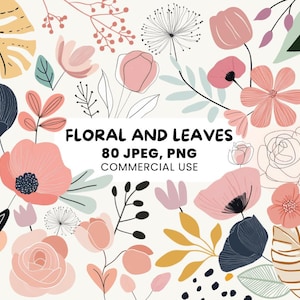 Clipart de Flores da Natureza | 80 Gráficos Abstratos | Motivos de Flores e Folhas | Rabiscos Florais PNG | Arte Decorativa da Natureza | Artes de Decoração para Casa