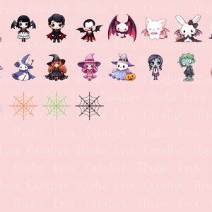 Puede incluir: Un conjunto de 20 im&aacute;genes de clipart digital con tem&aacute;tica de Halloween con personajes lindos, que incluyen brujas, vampiros, fantasmas, zombis y una telara&ntilde;a. Las im&aacute;genes est&aacute;n en un estilo de dibujos animados y son perfectas para usar en proyectos digitales.