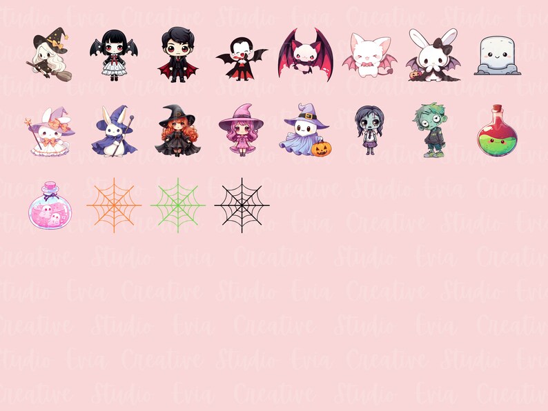 Puede incluir: Un conjunto de 20 im&aacute;genes de clipart digital con tem&aacute;tica de Halloween con personajes lindos, que incluyen brujas, vampiros, fantasmas, zombis y una telara&ntilde;a. Las im&aacute;genes est&aacute;n en un estilo de dibujos animados y son perfectas para usar en proyectos digitales.