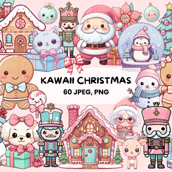 Clipart de Noël Kawaii | 60 graphiques de Noël mignons | Pays des merveilles d’hiver | PNG et JPEG pour les autocollants - imprimables