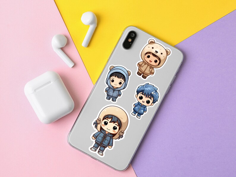 May include: A white phone case with four cartoon characters wearing winter clothing. The characters are wearing blue, brown, and white clothing. The phone case is on a pink and purple background.