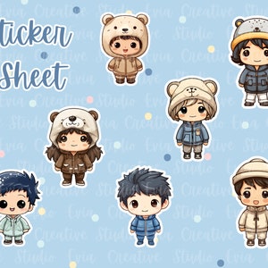 May include: A sticker sheet with seven cartoon characters wearing winter clothing. The characters are wearing hats, coats, and scarves. The sticker sheet is on a blue background with white polka dots.