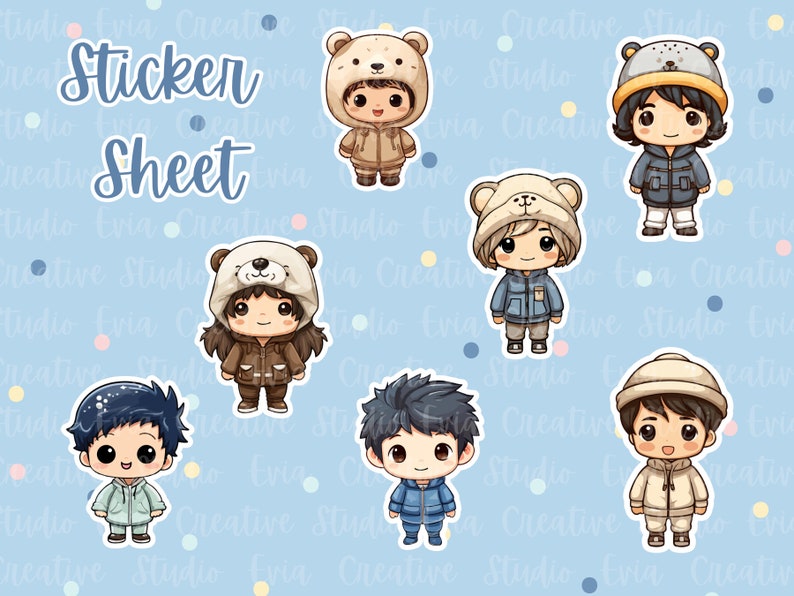 May include: A sticker sheet with seven cartoon characters wearing winter clothing. The characters are wearing hats, coats, and scarves. The sticker sheet is on a blue background with white polka dots.