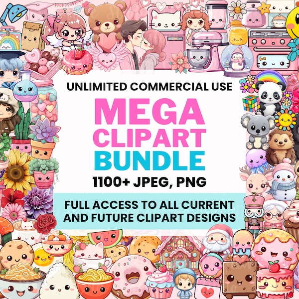 Mega Clipart Bundle | 1100+ Kawaii und süße Clipart-Grafiken | Voller Zugriff auf alle aktuellen und zukünftigen Designs - unbegrenzte kommerzielle Nutzung