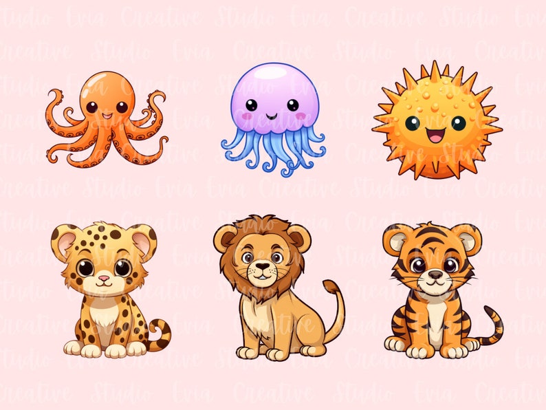 Söta djur clipart | A-Ö djurgrafik | Kawaii djur clipart | Safaridjur | 52 PNG- och JPEG-utskrivbara klistermärken bild 5