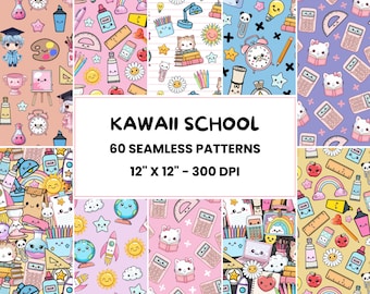 Wzory szkolne Kawaii | 60 uroczych bezszwowych wzorów szkolnych | Projekt powrotu do szkoły | Cyfrowy papier do klasy | Plik z powtarzalnym wzorem