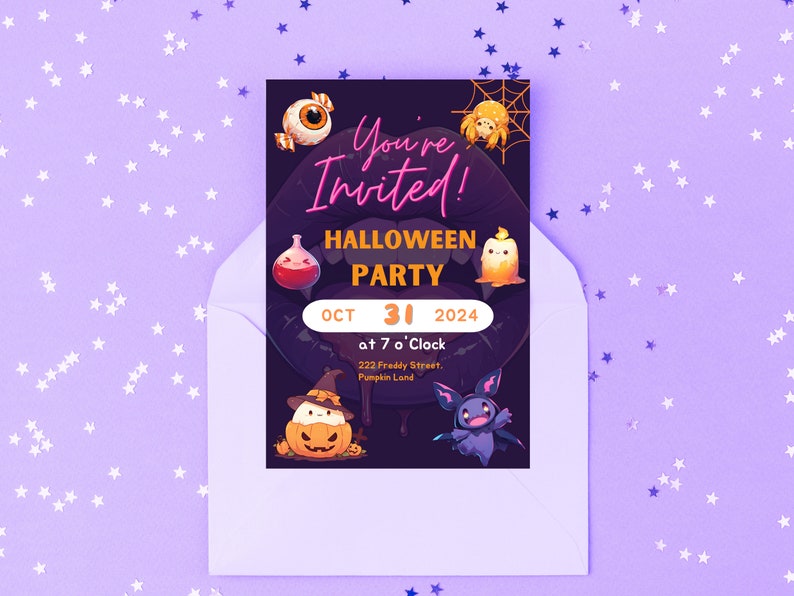 Puede incluir: Una invitaci&oacute;n a una fiesta de Halloween con un fondo negro y personajes de dibujos animados coloridos. El texto dice "You're Invited! Halloween Party Oct 31 2024 at 7 o'Clock 222 Freddy Street. Pumpkin Land"