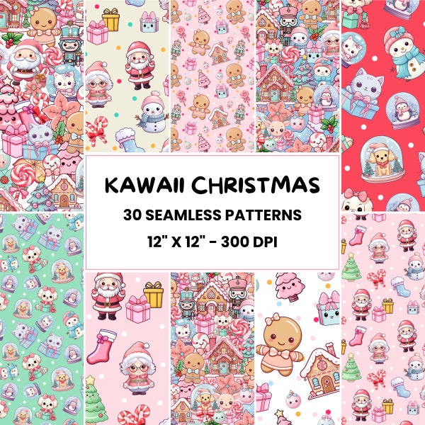 Kawaii kerstpatronen | 30 schattige naadloze digitale patronen | Winterwonderland | Digitaal papier | Herhaal patroonbestand voor commercieel gebruik