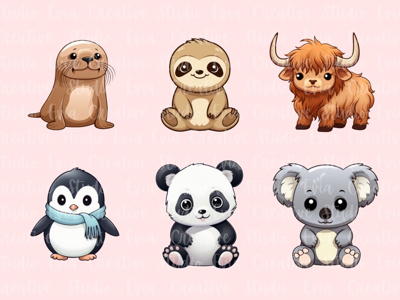 Söta djur clipart | A-Ö djurgrafik | Kawaii djur clipart | Safaridjur | 52 PNG- och JPEG-utskrivbara klistermärken bild 4