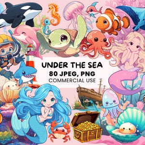 Onder de zee-clipart | 80 afbeeldingen van zeedieren | Schattige zeedieren clipart | Kawaii zeemeerminnen | Ocean Life, png, commerciële licentie