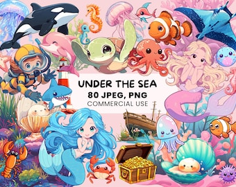 Clipart sotto il mare / 80 grafiche di animali marini / Clipart di graziose creature marine / Sirene kawaii / Vita oceanica PNG, licenza commerciale