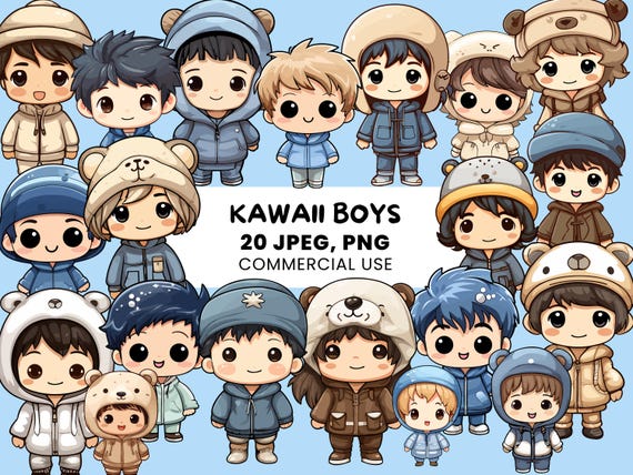 Kawaii Boy Clipart | Cute Anime Boy - 20 Character Bundle - Instant Download - SVG, PNG, JPEG for stickers - vector illustration