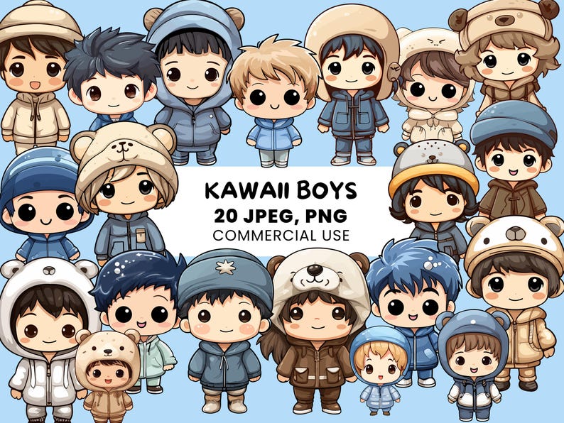 Kawaii Boy Clipart | Cute Anime Boy - 20 Character Bundle - Instant Download - SVG, PNG, JPEG for stickers - vector illustration image 1